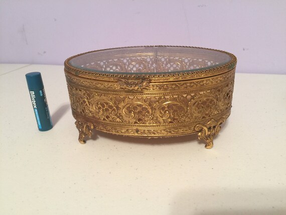 Vintage filigree ormolu oval jewelry box