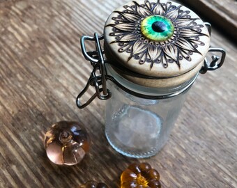 Free Shipping Woodburned Green Eye Jar