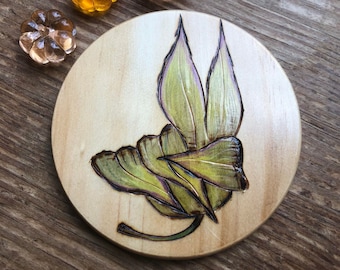 New Woodburned Leaf Coaster