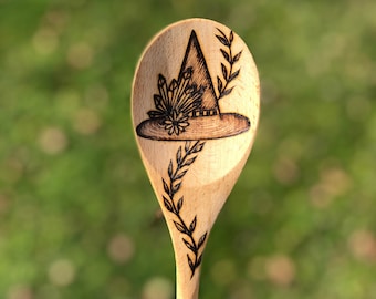 Woodburned Witch Spoon-Kitchen Witch Hat with Crystals