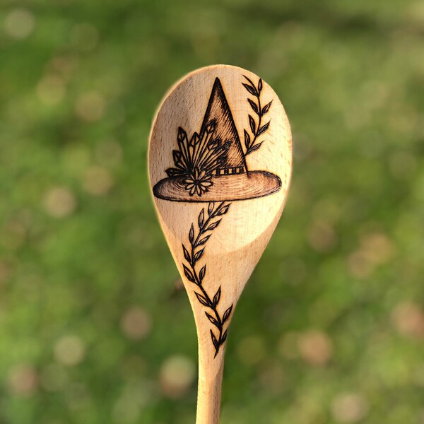 Woodburned Witch Spoon-Kitchen Witch Hat with Crystals