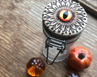 Free Shipping Woodburned Orange Eye Jar