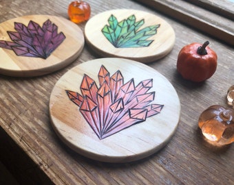 NEW Woodburned Coaster Set, Crystal Trio