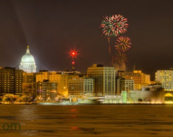 Madison, Wisconsin Skyline New Years Eve Fireworks Color & Black and White Photograph