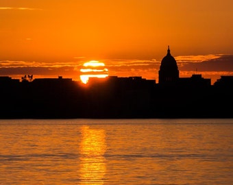Spectacular sunset over Capitol, city of Madison, Wisconsin color photography