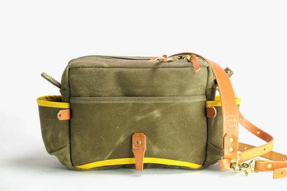 Minimalist Waxed Canvas and Leather Fly Fishing Bag With Front Mounted Net  Slot and Creel Style Strap Brown 