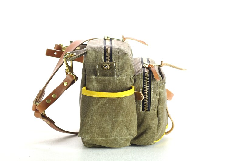 Waxed Canvas and Leather Fly Fishing Bag With Front Mounted Net Slot