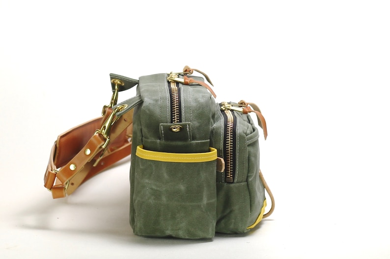 Waxed Canvas and Leather Fly Fishing Bag With Front Mounted Net Slot