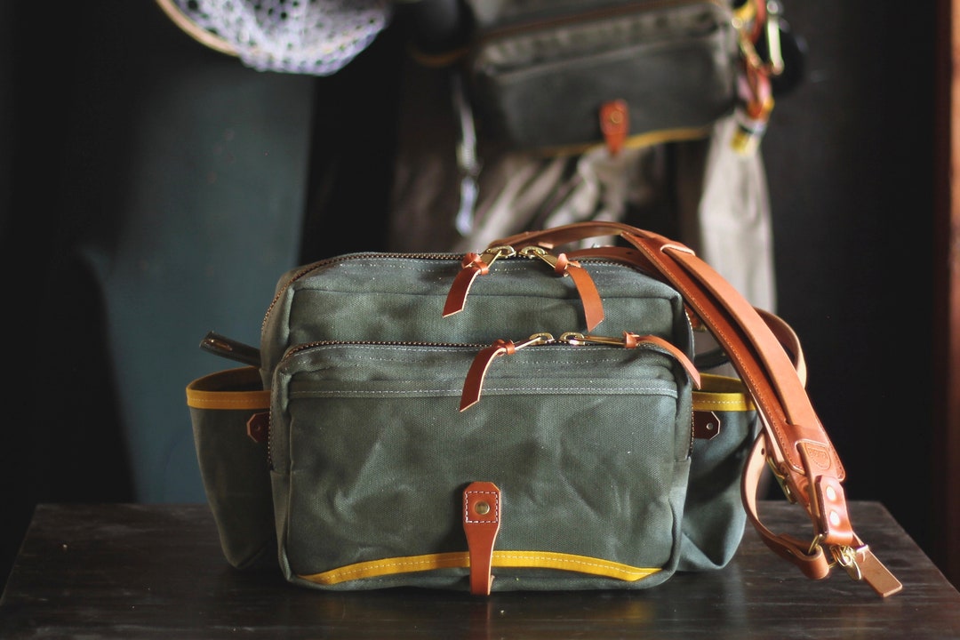 Waxed Canvas and Leather Fly Fishing Bag With Front Mounted Net Slot and  Creel Style Strap Olive 