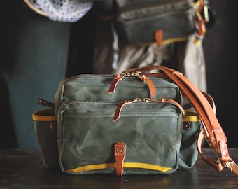 Waxed Canvas and Leather Fly Fishing Bag with Front Mounted Net Slot and Creel Style Strap - Olive