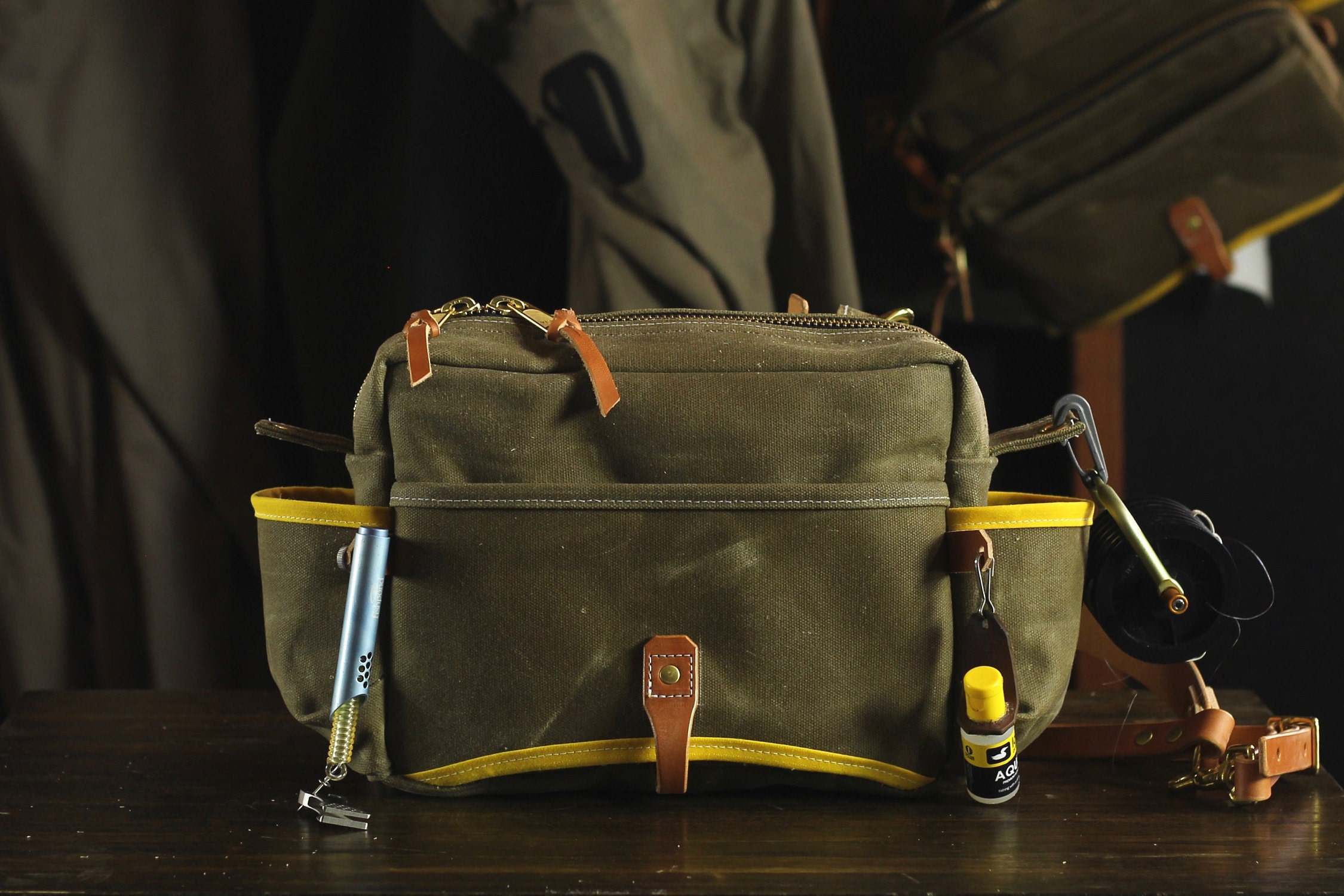 Minimalist Waxed Canvas and Leather Fly Fishing Bag With Front Mounted Net  Slot and Creel Style Strap Brown 