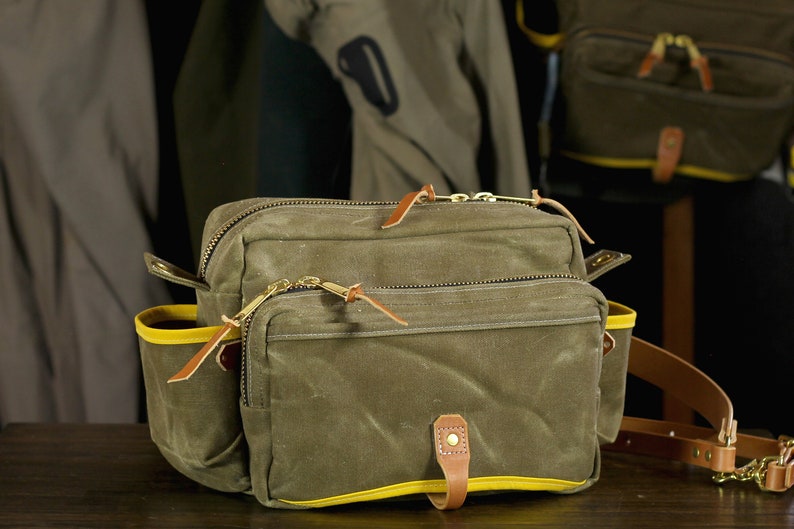 Waxed Canvas and Leather Fly Fishing Bag With Front Mounted Net Slot