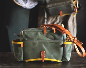 Minimalist Waxed Canvas and Leather Fly Fishing Bag with Front Mounted Net Slot and Creel Style Strap - Olive