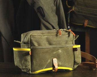 Minimalist Waxed Canvas and Leather Fly Fishing Bag with Front Mounted Net Slot and Creel Style Strap - Brown