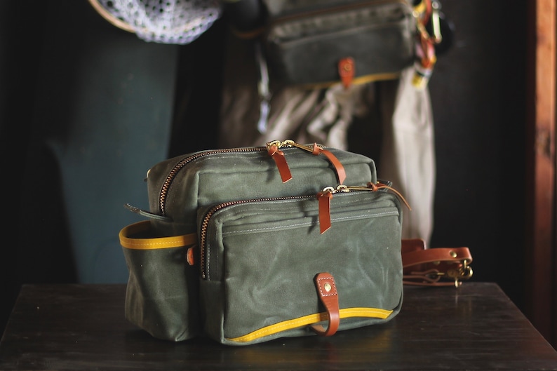 Waxed Canvas and Leather Fly Fishing Bag With Front Mounted Net Slot
