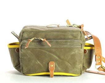 Waxed Canvas and Leather Fly Fishing Bag with Front Mounted Net Slot and  Creel Style Strap - Brown