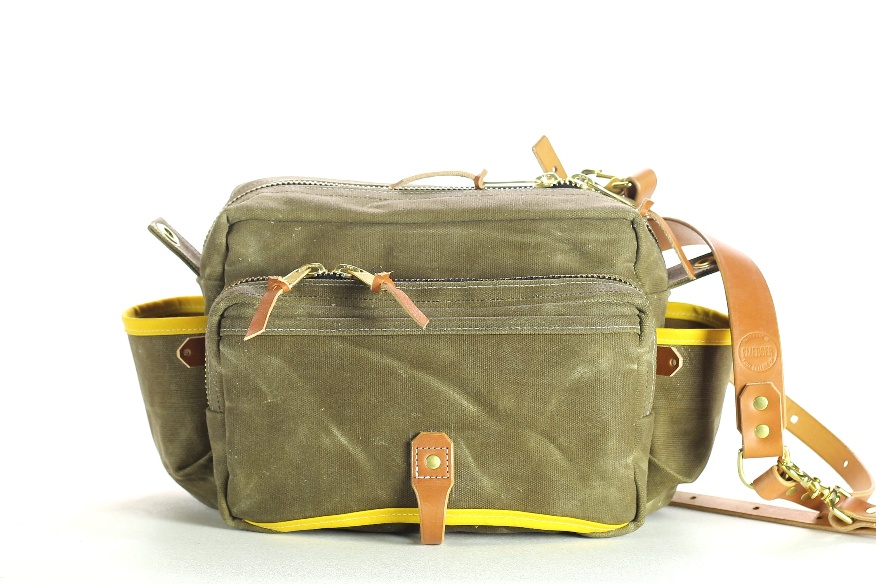 Waxed Canvas and Leather Fly Fishing Bag With Front Mounted Net Slot and  Creel Style Strap Brown 