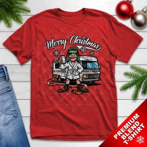 Funny Merry Christmas Cousin Eddie Cartoon Character with RV Premium on Soft Blend T-shirts from Christmas Vacation Movie in Trapper Hat