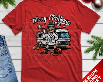Rolig God Jul kusin Eddie seriefigur med RV Premium på mjuka t-shirts från julfilmen i trapphatt