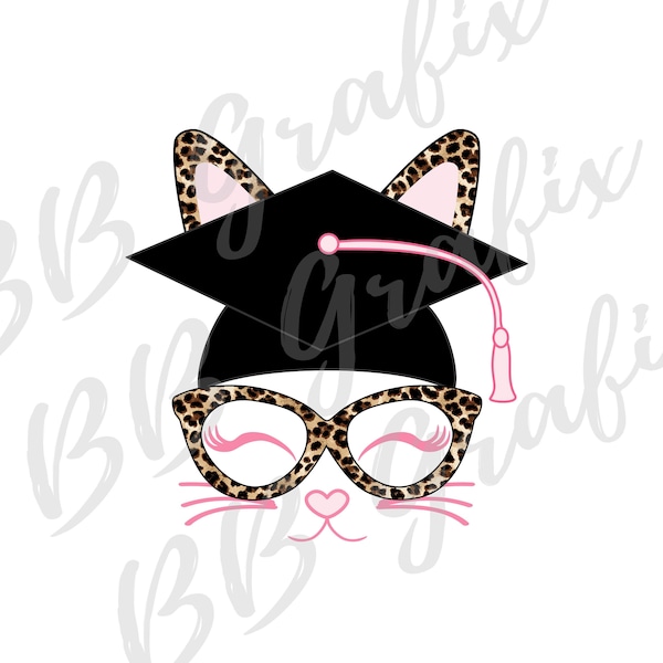 Digital Png File -  Cat Face Graduation Hat - Leopard - Glasses - Grad - Sublimation Design - Clip Art - INSTANT DOWNLOAD