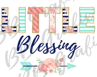 Digital Png File - Little Blessing - Floral - Stripes - Navy Blue, Coral, Pale Teal - Gold - Baby Girl Sublimation Design - INSTANT DOWNLOAD