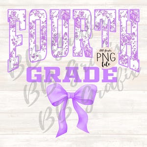 Digital Png File Fourth 4th Grade 4 Floral Toile Purple Water Color Coquette Bow Clip Art Printable Dtf Sublimation Design INSTANT DOWNLOAD