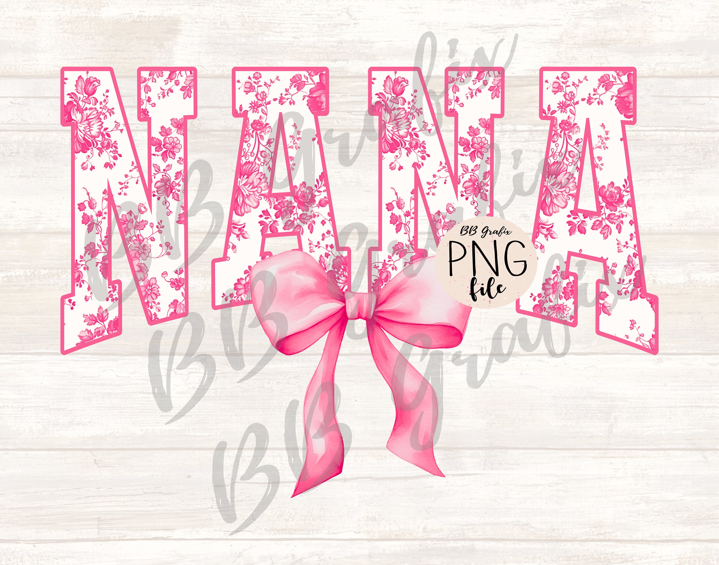 Digital Png File Nana Floral Toile Pink Water Color Coquette Bow Clip Art Printable Waterslide Dtf Dtg Sublimation Design INSTANT DOWNLOAD