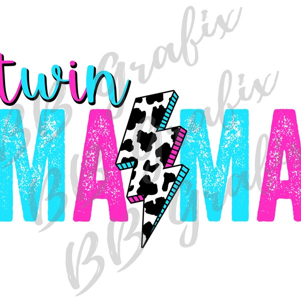 Digital Png File Twin Mama of Both Distressed Cow Print Lightning Bolt Girl Boy Mom Printable Waterslide Sublimation Design INSTANT DOWNLOAD