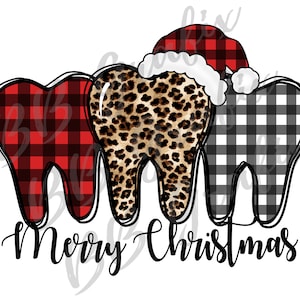 Arquivo PNG digital Feliz Natal Trio de dentes Dentista Leopardo Xadrez Chapéu de Papai Noel Dental Imprimível Toboágua Design de Sublimação DOWNLOAD INSTANTÂNEO