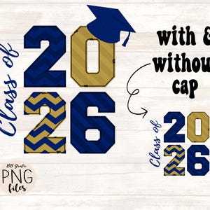 Digital Png File Class of 2026 Navy Blue Gold Sublimation Design Printable Waterslide Grad Cap Hat Graduation Clip Art DTG INSTANT DOWNLOAD