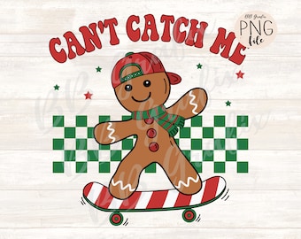Digital Png File Can't Catch Me Retro Gingerbread Boy Ball Cap Kids Funny Printable Sublimation Dtf Dtg  Design INSTANT DOWNLOAD