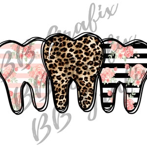 Fichier numérique Png Trio Dentaire Dents Dents Léopard Fard À Joues Rayures Florales Toboggan Aquatique Imprimable Sublimation Conception TÉLÉCHARGEMENT IMMÉDIAT