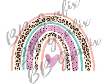 Digital Png File - Rainbow Watercolor Leopard Heart - Hand Drawn Doodle Printable Clip Art Sublimation Design INSTANT DOWNLOAD