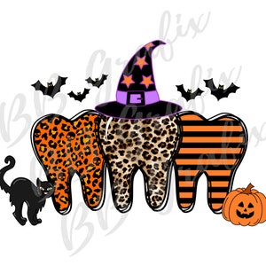 Cyfrowy plik PNG Dentysta Ząb Trio Wiedźma Dynia Kot Halloween Zęby Sztuka Drukowalny Projekt Sublimacji Wodnej NATYCHMIASTOWE POBIERANIE