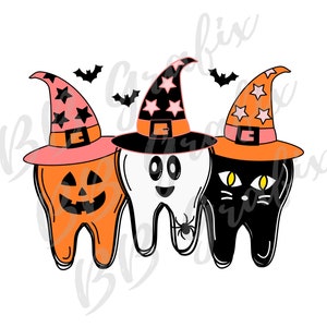 Archivo PNG digital Dentista Feliz Halloween Diente Trío Bruja Calabaza Fantasma Gato Arte Imprimible Tobogán de Agua Diseño de Sublimación DESCARGA INSTANTÁNEA