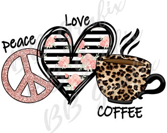 Digitale Png-bestand - Peace Love Coffee - Heart Leopard Cafeïne Koffie Floral Printable Clip Art Sublimatie Design INSTANT DOWNLOAD