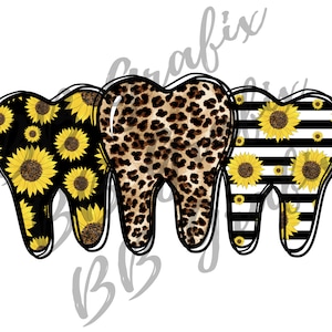 Arquivo PNG digital Trio de dentes Dentista Dentes dentais Leopardo Chita Girassol Design de sublimação para impressão em toboágua DOWNLOAD INSTANTÂNEO