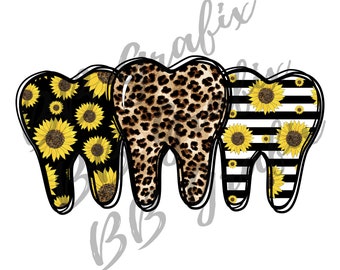 Digital Png File Tooth Trio Dentist Dental Teeth Leopard Cheetah Sunflower Printable Waterslide Sublimation Design INSTANT DOWNLOAD