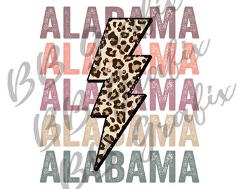 Digital Png File Alabama Stacked Distressed Cheetah Leopard Bolt State Printable Waterslide  Sublimation Design INSTANT DOWNLOAD