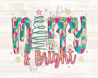 Digital Png File Merry & Bright Christmas Tree Hand Drawn Messy Paint Brushstroke Printable Dtf Sublimation Design INSTANT DOWNLOAD