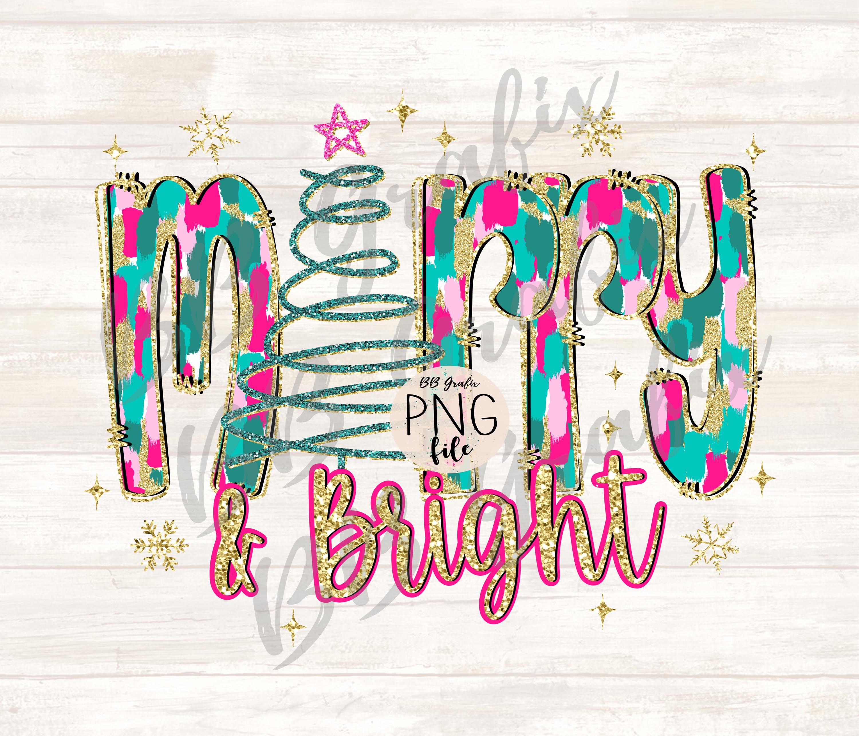 Digital Png File Merry & Bright Christmas Tree Hand Drawn Messy Paint Brushstroke Printable Dtf Sublimation Design INSTANT DOWNLOAD