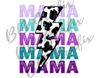 Digital Png File Mama Purple Teal Stacked Mom Cow Print Lightning Bolt Printable Art Waterslide Sublimation Design INSTANT DOWNLOAD