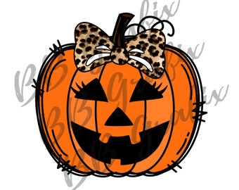 Digital Png File Girl Pumpkin Face Bow Leopard Cheetah Halloween Fall Printable Clip Art Waterslide Sublimation Design INSTANT DOWNLOAD