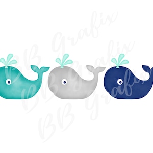 Digital Png File - Whale Trio - Teal, Navy Blue & Grey Watercolor Line of Three Boy Nautical Bodysuit Sublimation Design - INSTANT DOWNLOAD