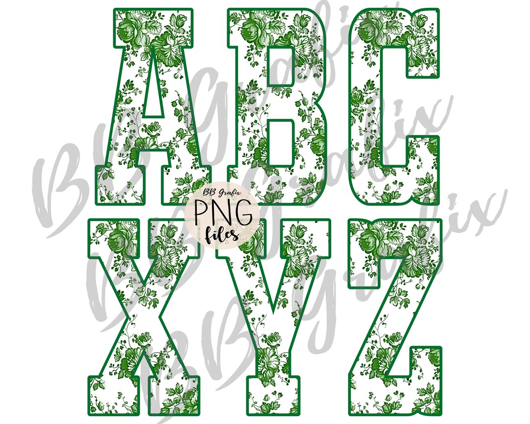 Digital Png Files Green Floral Toile Alpha Alphabet ABC Letters 26 ...