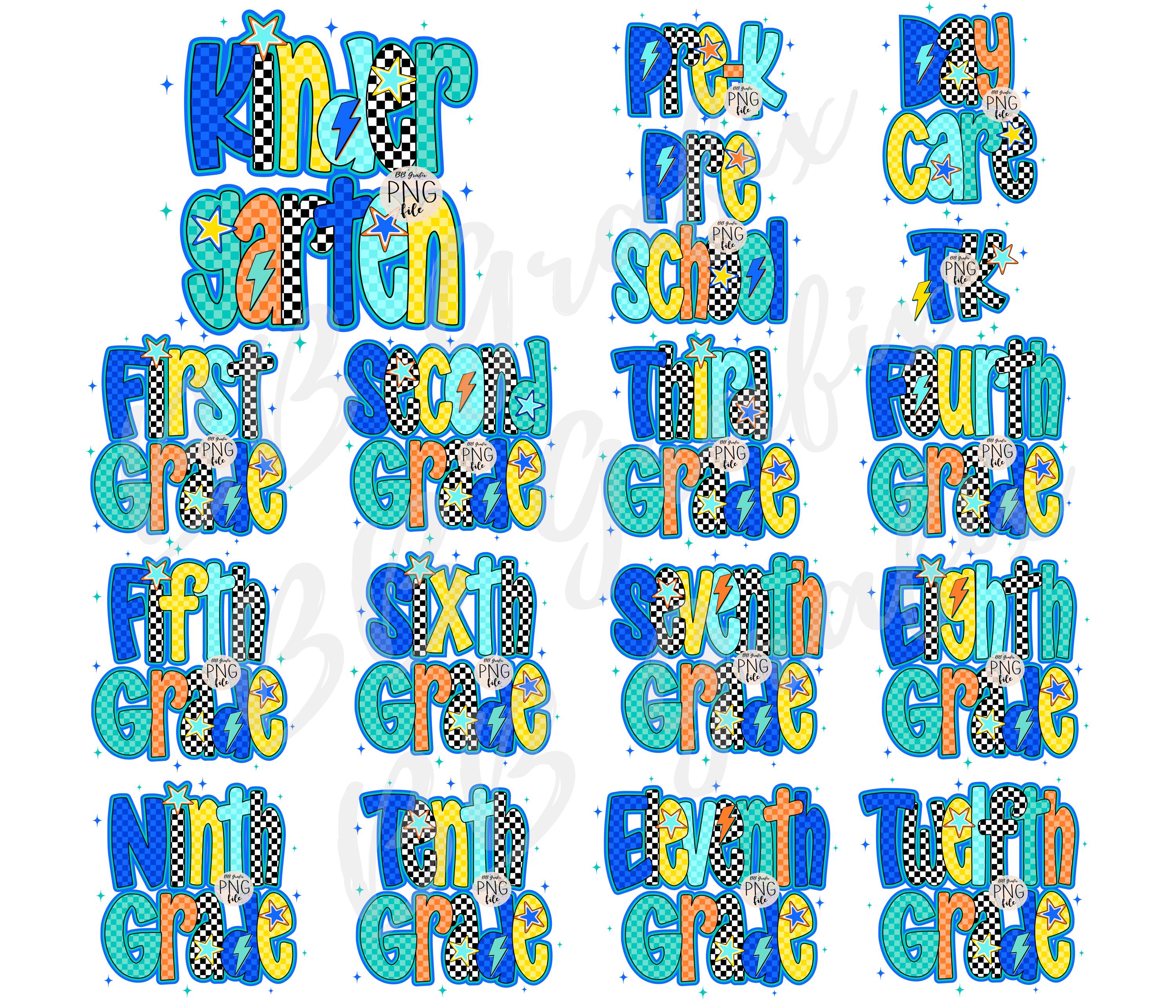 Digital Png File Back To School Preschool to Grade 12 Star Bolt Checker Boy Bundle Printable Dtf Sublimation Design INSTANT DOWNLOAD