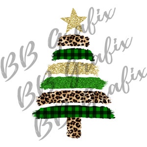 Digital Png File Christmas Tree Brush Stroke Leopard Buffalo Plaid Shirt Clip Art Printable Waterslide Sublimation Design INSTANT DOWNLOAD