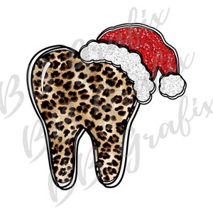 Arquivo PNG digital de dente dentista ortodontista leopardo chapéu de papai noel natal odontológico impressão toboágua design de sublimação DOWNLOAD INSTANTÂNEO