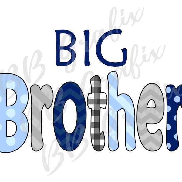 Digital Png File - Big Brother Blue & Grey Sibling Chevron Stripes Dots - Kids  Sublimation Design Clip Art - INSTANT DOWNLOAD