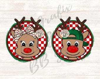 Digital Png File 2 Separate Designs Reindeer Deer Boy and Girl Hat Bow Checker Christmas Bundle Printable Dtf Sublimation INSTANT DOWNLOAD